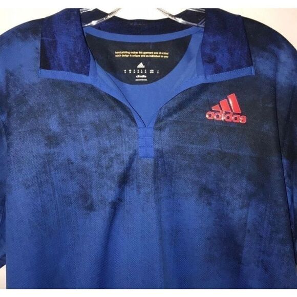 Adidas Mens Shirt Climalite Short Sleeve Hand Printed Blue Medium - Picture 2 of 7